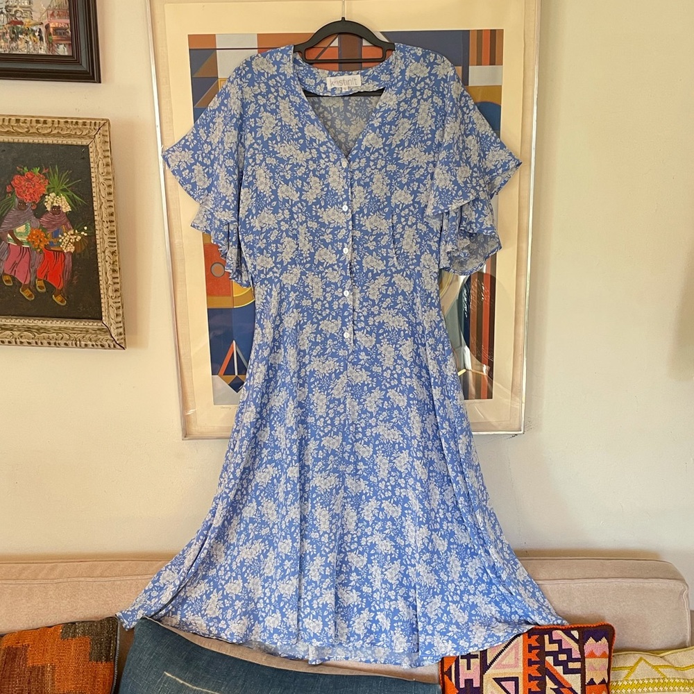 Kristinit Cornmeal Blue And White Floral Silk Ruffle MIDI Dress ladies S/M